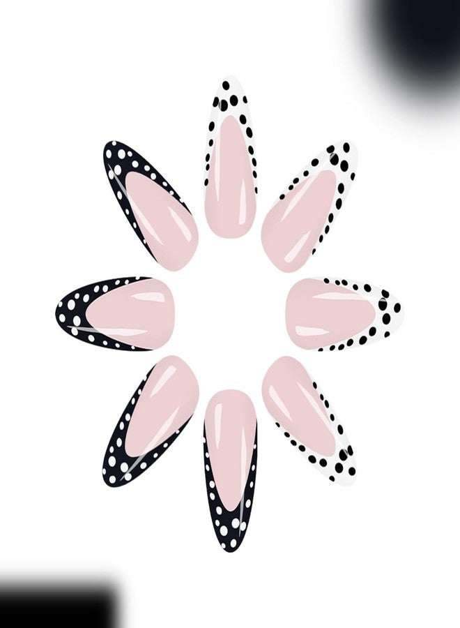 OSTTMA 24Pcs Polka Dot Press on Nails French Tip Fake Nails Medium Almond False Nail with Designs Black White Polka Dots Acrylic Nail Kit Full Cover Stick on Nails for Women Manicure Decoration - Image 3